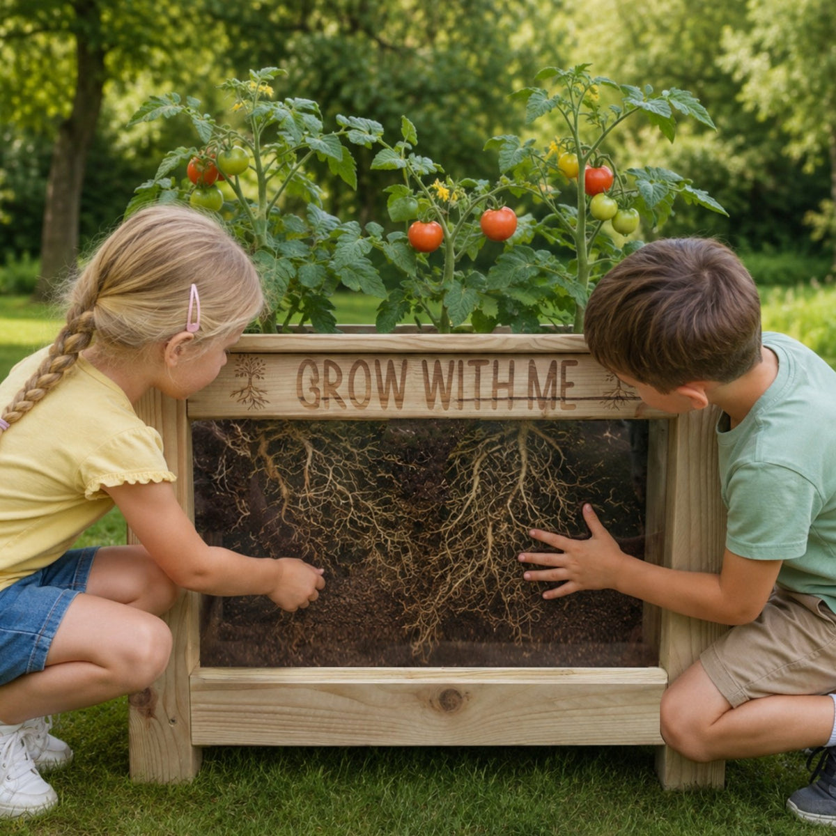 Two children crouching beside a wooden garden planter box outdoors, looking at the exposed roots inside while tomato plants grow in the raised bed. The front of the planter reads “GROW WITH ME.